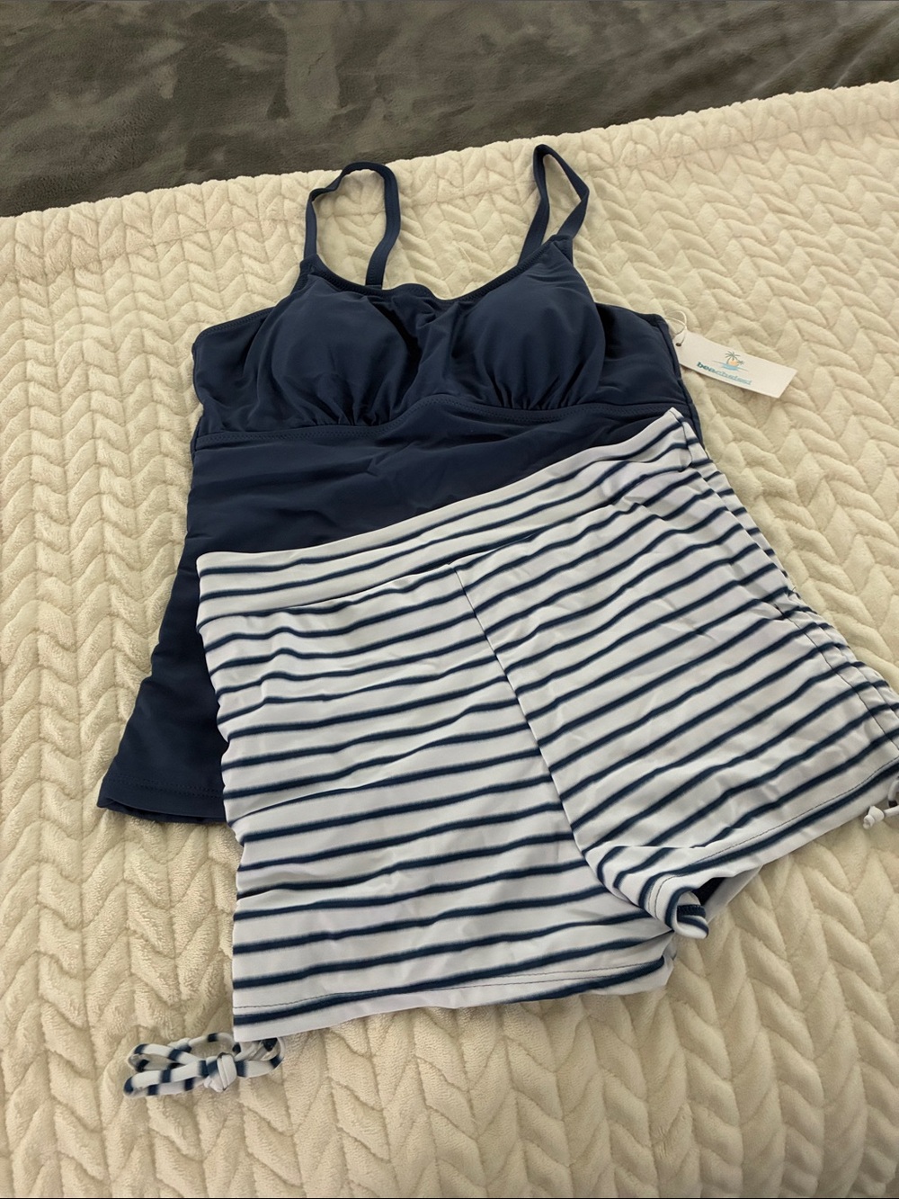 Navy Tankini Top and Striped Swim Shorts Set - Women